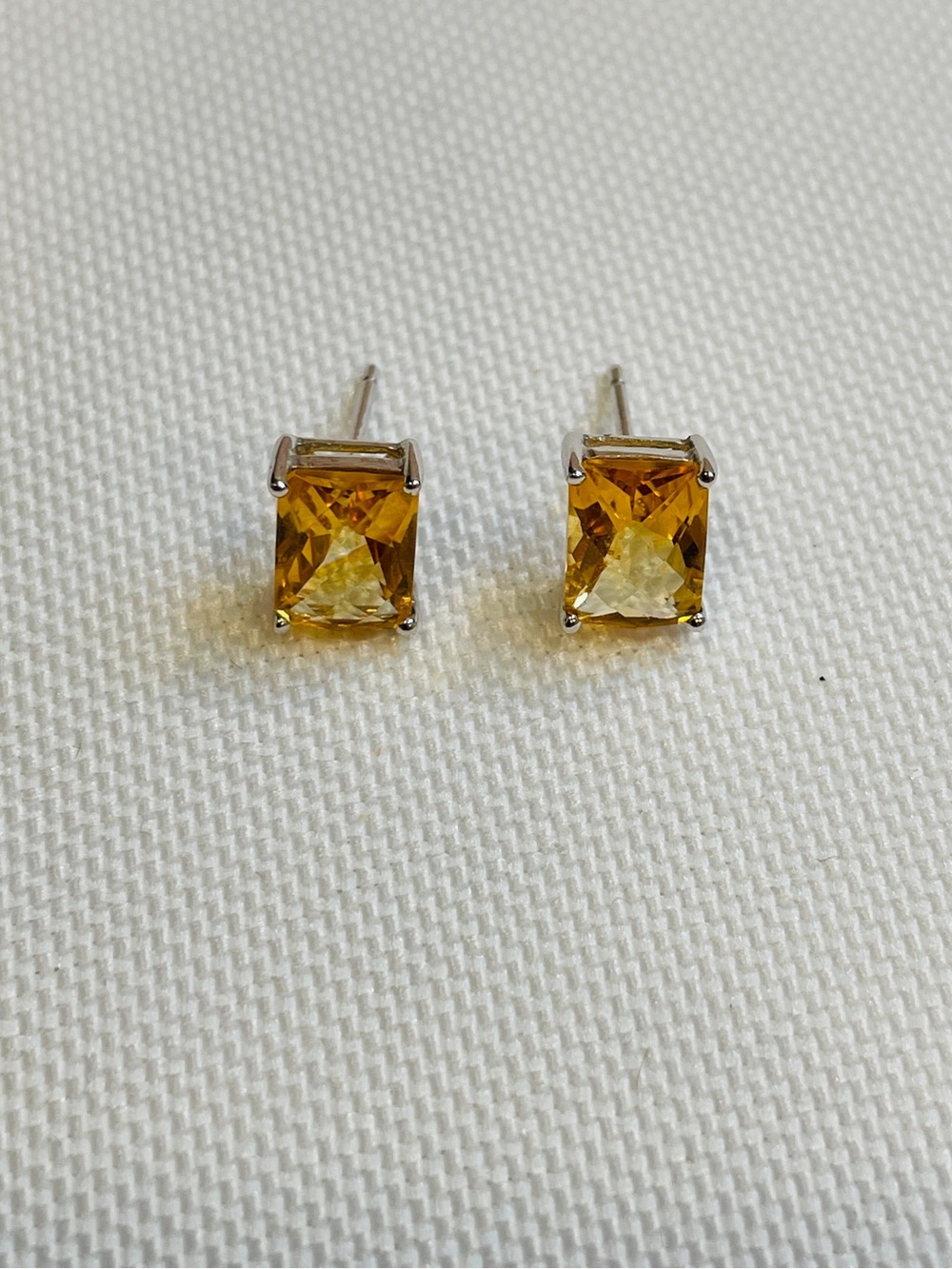 14K White Gold Emerald Cut Birthstone Citrine Stud Earrings